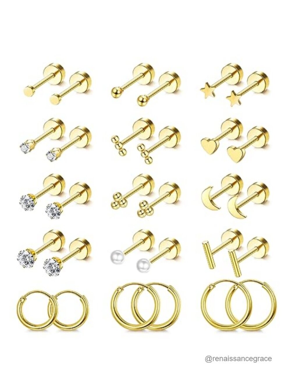 15 Pairs 14K Gold Plated Hypoallergenic Flat Back Stud Earrings Set for
